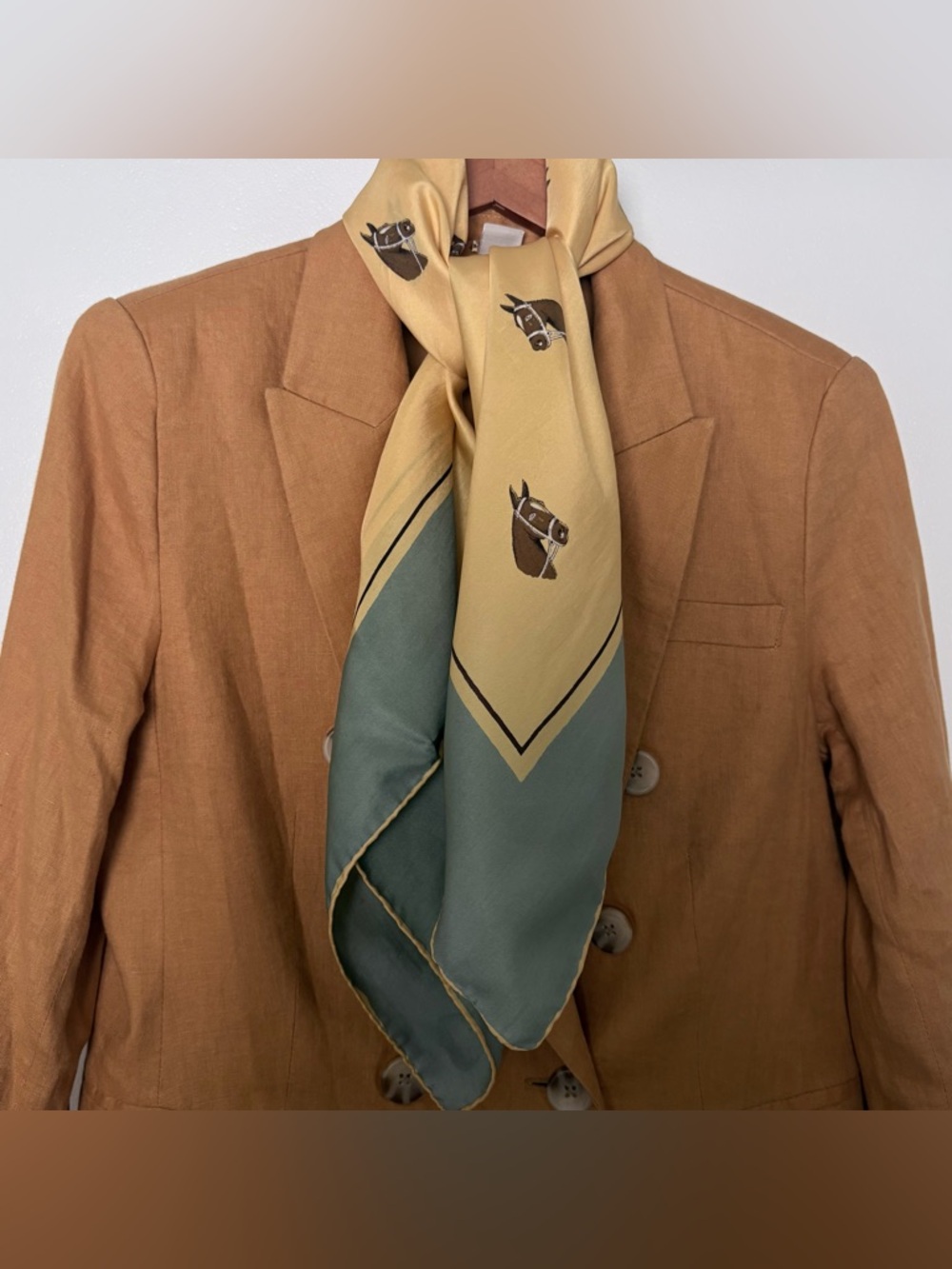 Vintage Italian Pure Silk Scarf Pura Seta Equestrian Gold Teal Old Money Style